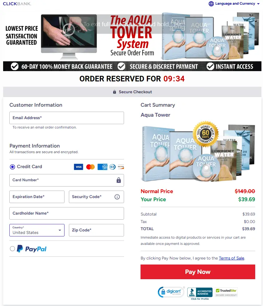 Secure order form for AquaTower